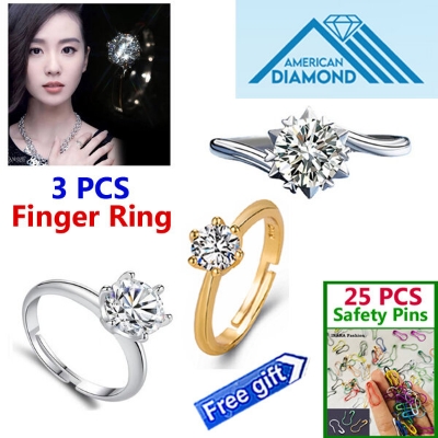 Picture of 3 PCS American Diamond 24k Gold Water Drop Finger Ring Factory Direct Supply Set E-Adjustable Snowflake Angti Mossonite Zircon 1 Carat Stone Birthday Wedding Engagement Bridal Party Jewelry for Female White Color Combo (25 PCS Safety Pins Free Gift)