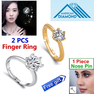 Picture of 2 PCS American Diamond 24k Gold Water Drop Finger Ring Factory Direct Supply Set F - Adjustable Snowflake Angti Mossonite Zircon 1 Carat Stone Birthday Wedding Engagement Bridal Party Jewelry for Female Colored Combo (1 Piece Nose Pin Free Gift)