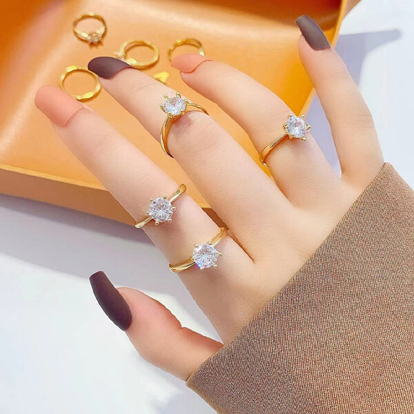 Picture of 2 PCS American Diamond 24k Gold Water Drop Finger Ring Factory Direct Supply Set F - Adjustable Snowflake Angti Mossonite Zircon 1 Carat Stone Birthday Wedding Engagement Bridal Party Jewelry for Female Colored Combo (1 Piece Nose Pin Free Gift)