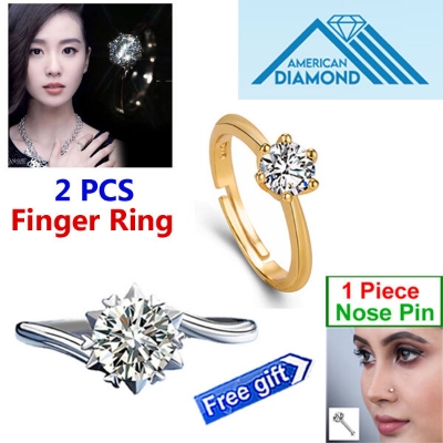 Picture of 2 PCS American Diamond 24k Gold Water Drop Finger Ring Factory Direct Supply Set G - Adjustable Snowflake Angti Mossonite Zircon 1 Carat Stone Birthday Wedding Engagement Bridal Party Jewelry for Female Colored Combo (1 Piece Nose Pin Free Gift)