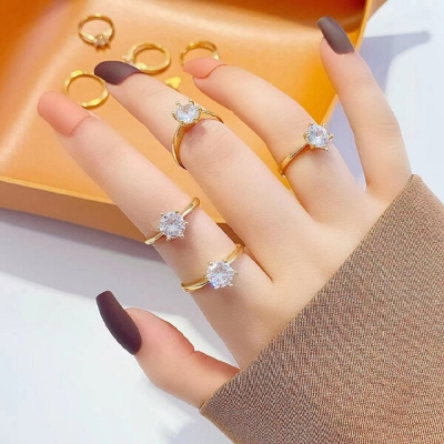 Picture of 2 PCS American Diamond 24k Gold Water Drop Finger Ring Factory Direct Supply Set G - Adjustable Snowflake Angti Mossonite Zircon 1 Carat Stone Birthday Wedding Engagement Bridal Party Jewelry for Female Colored Combo (1 Piece Nose Pin Free Gift)