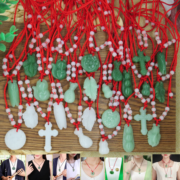 Picture of Organic Glass Popular Red Rope Beaded Pendant Factory Direct Supply All-Match Couple Multiple Necklace Imitation Peace Stone Mala Stall Temple Exhibition Hot Selling Jewelry Accessories Birthday Party Fair Festival Gift For Men/Women Green Color