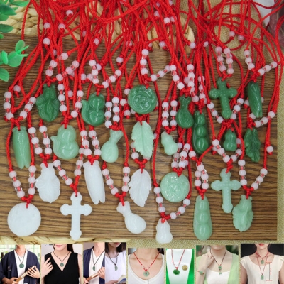 Picture of Organic Glass Popular Red Rope Beaded Pendant Factory Direct Supply All-Match Couple Multiple Necklace Imitation Peace Stone Mala Stall Temple Exhibition Hot Selling Jewelry Accessories Birthday Party Fair Festival Gift For Men/Women Green Color