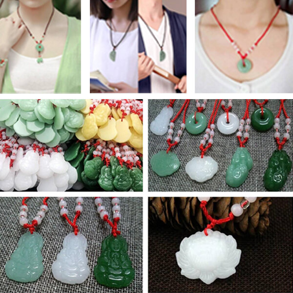 Picture of Organic Glass Popular Red Rope Beaded Pendant Factory Direct Supply All-Match Couple Multiple Necklace Imitation Peace Stone Mala Stall Temple Exhibition Hot Selling Jewelry Accessories Birthday Party Fair Festival Gift For Men/Women Green Color