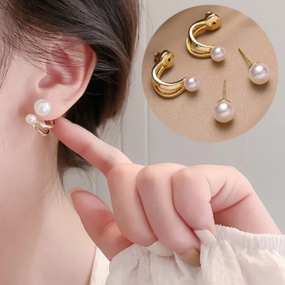 Picture of 1 Pair Double C Popular Pearl Earrings Set B1 24K Gold Water Drop All Match Kaner Dul Versatile Personality Autumn Winter Retro Eardrop Hot Selling Jewelry Accessories Birthday Wedding Engagement Bridal Party Ideal Gift Item for Female Golden Color - Adjustable
