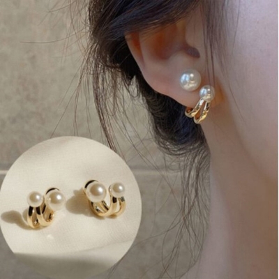 Picture of 1 Pair Double C Popular Pearl Earrings Set B1 24K Gold Water Drop All Match Kaner Dul Versatile Personality Autumn Winter Retro Eardrop Hot Selling Jewelry Accessories Birthday Wedding Engagement Bridal Party Ideal Gift Item for Female Golden Color - Adjustable
