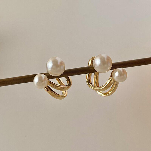 Picture of 1 Pair Double C Popular Pearl Earrings Set B1 24K Gold Water Drop All Match Kaner Dul Versatile Personality Autumn Winter Retro Eardrop Hot Selling Jewelry Accessories Birthday Wedding Engagement Bridal Party Ideal Gift Item for Female Golden Color - Adjustable