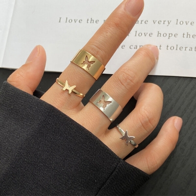 Picture of 2 PCS Adjustable Creative Hollow Butterfly Finger Rings Set F1 Versatile Personality Autumn Retro Angti Daily Life Jewelry Accessories Birthday Wedding Engagement Bridal Party Fair Festival Gift Item for Female Silver and Gold Color