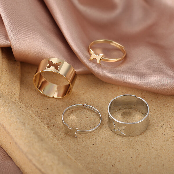 Picture of 2 PCS Adjustable Creative Hollow Butterfly Finger Rings Set F1 Versatile Personality Autumn Retro Angti Daily Life Jewelry Accessories Birthday Wedding Engagement Bridal Party Fair Festival Gift Item for Female Silver and Gold Color