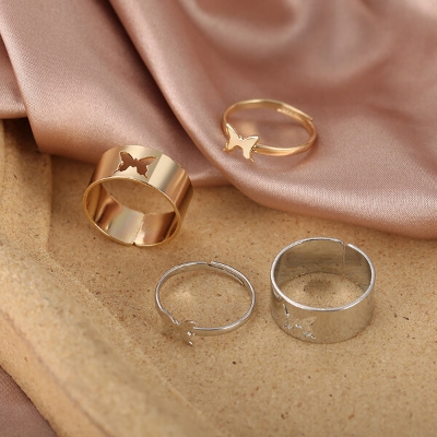 Picture of 2 PCS Adjustable Creative Hollow Butterfly Finger Rings Set F1 Versatile Personality Autumn Retro Angti Daily Life Jewelry Accessories Birthday Wedding Engagement Bridal Party Fair Festival Gift Item for Female Silver and Gold Color