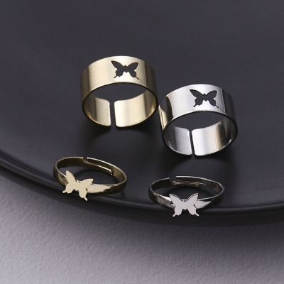 Picture of 2 PCS Adjustable Creative Hollow Butterfly Finger Rings Set F1 Versatile Personality Autumn Retro Angti Daily Life Jewelry Accessories Birthday Wedding Engagement Bridal Party Fair Festival Gift Item for Female Silver and Gold Color