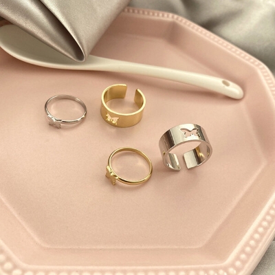 Picture of 2 PCS Adjustable Creative Hollow Butterfly Finger Rings Set F1 Versatile Personality Autumn Retro Angti Daily Life Jewelry Accessories Birthday Wedding Engagement Bridal Party Fair Festival Gift Item for Female Silver and Gold Color