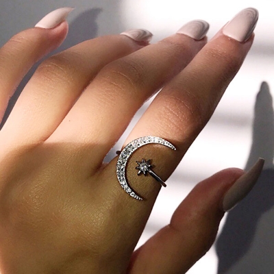 Picture of Adjustable Creative Star Moon Finger Ring Ethnic Style Set G1 Versatile Personality Autumn Retro Angti Daily Life Jewelry Accessories Birthday Wedding Engagement Bridal Party Fair Festival Gift Item for Female Rose Gold/Silver and Gold Color
