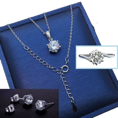 Picture of Adjustable Finger Ring Earrings and Chain With Six-Claws Locket Necklace Set B1 Versatile Personality Autumn Retro Pendant Daily Life Popular  Jewelry Accessories Birthday Wedding Engagement Bridal Party Ideal Gift Item for Women Silver Color