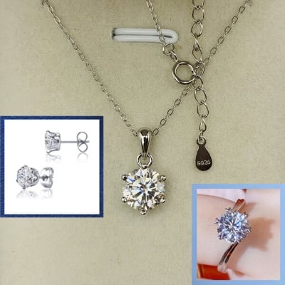Picture of Adjustable Finger Ring Earrings and Chain With Six-Claws Locket Necklace Set B1 Versatile Personality Autumn Retro Pendant Daily Life Popular  Jewelry Accessories Birthday Wedding Engagement Bridal Party Ideal Gift Item for Women Silver Color