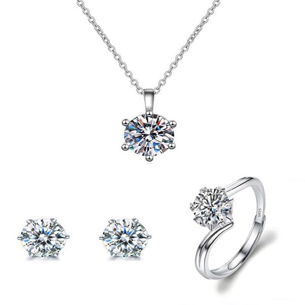 Picture of Adjustable Finger Ring Earrings and Chain With Six-Claws Locket Necklace Set B1 Versatile Personality Autumn Retro Pendant Daily Life Popular  Jewelry Accessories Birthday Wedding Engagement Bridal Party Ideal Gift Item for Women Silver Color