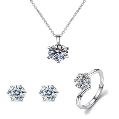 Picture of Adjustable Finger Ring Earrings and Chain With Six-Claws Locket Necklace Set B1 Versatile Personality Autumn Retro Pendant Daily Life Popular  Jewelry Accessories Birthday Wedding Engagement Bridal Party Ideal Gift Item for Women Silver Color