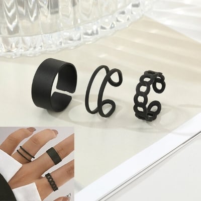 Picture of 3 PCS Adjustable American Hip-Hop Fashion Finger Rings Factory Direct Supply Set i Temple Exhibition Hot Selling Autumn Retro Angti Jewelry Accessories Birthday Wedding Engagement Bridal Party Ideal Gift for Female Black Gold Silver Color