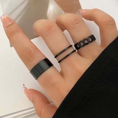 Picture of 3 PCS Adjustable American Hip-Hop Fashion Finger Rings Factory Direct Supply Set i Temple Exhibition Hot Selling Autumn Retro Angti Jewelry Accessories Birthday Wedding Engagement Bridal Party Ideal Gift for Female Black Gold Silver Color