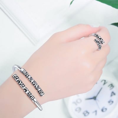 Picture of Popular Montara Adjustable Bracelet and Finger Ring Set H1 Temple Exhibition Autumn Retro Brelet Hot Selling Jewelry Birthday Wedding Engagement Bridal Party Bracelat Ideal Gift Braslete Bangles Silver Color for All