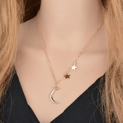 Picture of Popular Star Moon Chain With Locket 24K Gold Water Drop Set D All-Match Pendant Necklace Versatile Personality Exhibition Autumn Mala Hot Selling Jewelry Accessories Birthday Wedding Engagement Bridal Party Ideal Gift Item Gold/Silver Color for All