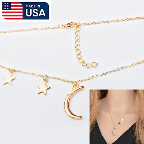 Picture of American Hot Selling Moon Star Chain With Locket Factory Direct Supply Set D1 24K Gold Water Drop Pendant Necklace Versatile Personality Mala Popular Jewelry Accessories Birthday Wedding Engagement Bridal Party Ideal Gift Item Gold/Silver Color for All