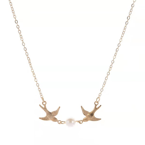 Picture of Double Flying Birds Popular Pearl Necklace 24K Gold Water Drop Set E1 Locket Chain Pendant Versatile Personality Exhibition Mala Hot Selling Jewelry Accessories Birthday Wedding Engagement Bridal Party Ideal Gift Item Gold/Silver Color for Male and Female