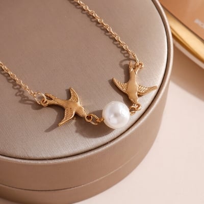 Picture of American Double Flying Birds Hot Selling Pearl Necklace Factory Direct Supply 24K Gold Water Drop Set E Locket Chain Pendant Mala Popular Jewelry Accessories Birthday Wedding Engagement Bridal Party Ideal Gift Item Gold/Silver Color for All