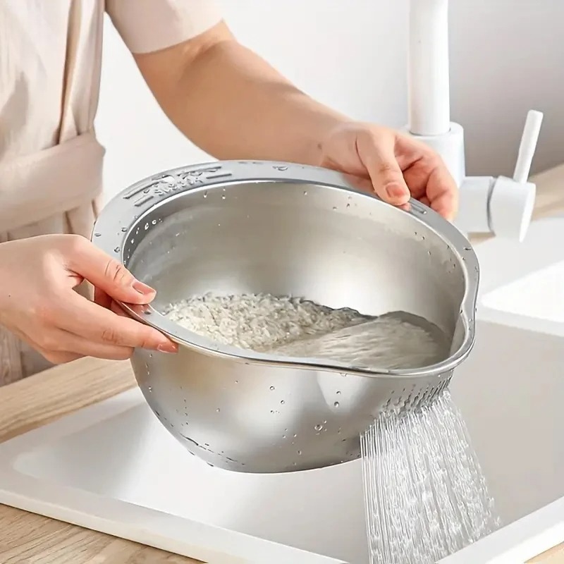 Picture of Rice Washer Strainer Bowl Stainless Steel 304 Rice Washing Bowl Rice Sieve Colander Fruit And Vegetable Strainer Kitchen Tools