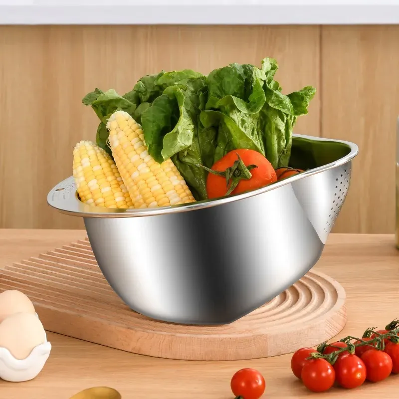 Picture of Rice Washer Strainer Bowl Stainless Steel 304 Rice Washing Bowl Rice Sieve Colander Fruit And Vegetable Strainer Kitchen Tools