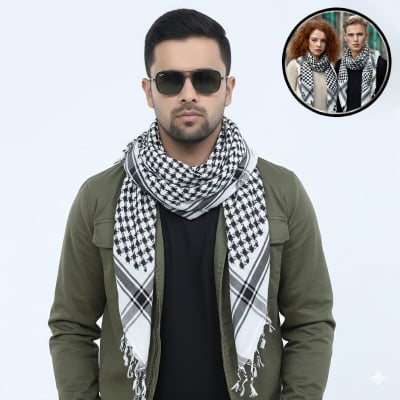 Picture of Premium Soft Cotton Haji Rumal Arab Head Scarf for Men/Women | Classic Black White Check Islamic Prayer Cloth | Comfortable Winter Fabric Hijab Gamcha Pagri Shawl for Hajj & Umrah Use - One size