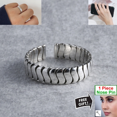 Picture of Adjustable Popular Chain Finger Ring Set B1 All-Match Cold Style Versatile Personality Autumn Retro Angti Hot Selling Jewelry Accessories Birthday Wedding Engagement Bridal Party Ideal Gift Item for Men and Women Silver Color + Free 1 Piece Nose Pin
