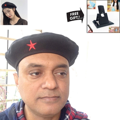 Picture of Direct Factory Supply Premium Che Guevara Inspired Revolutionary Star Badge Military Cap for Men/Women – Autumn and Winter Cotton Fabric Fashion Hat Black Color All-Match Sports Party Costume Fancy Dress Accessory + Free 1 Piece Mobile Stand  - One size