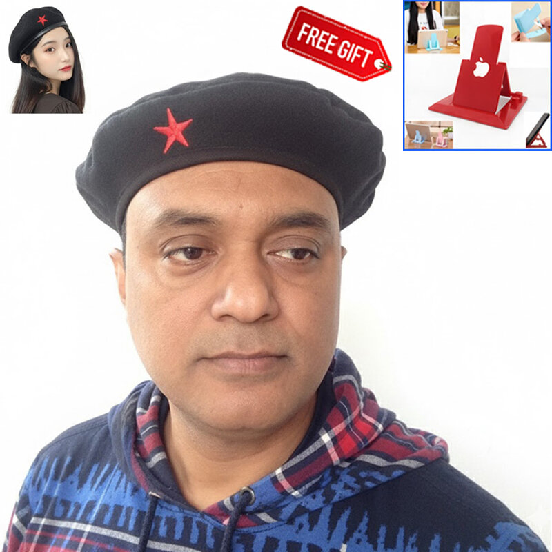 Picture of Direct Factory Supply Premium Che Guevara Inspired Revolutionary Star Badge Military Cap for Men/Women – Autumn and Winter Cotton Fabric Fashion Hat Black Color All-Match Sports Party Costume Fancy Dress Accessory + Free 1 Piece Mobile Stand  - One size
