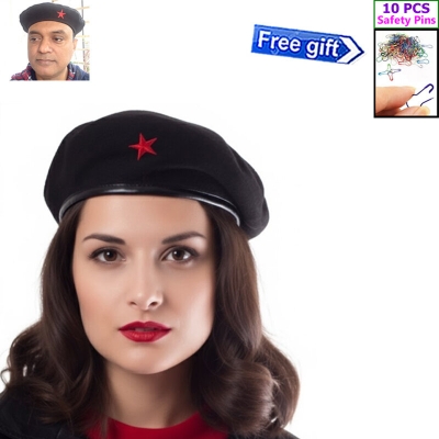 Picture of Direct Factory Supply Premium Che Guevara Inspired Revolutionary Star Badge Military Cap for Men/Women – Autumn and Winter Cotton Fabric Fashion Hat Black Color All-Match Sports Party Costume Fancy Dress Accessory + Free 10 PCS Multi-Color Safety Pins  - One size
