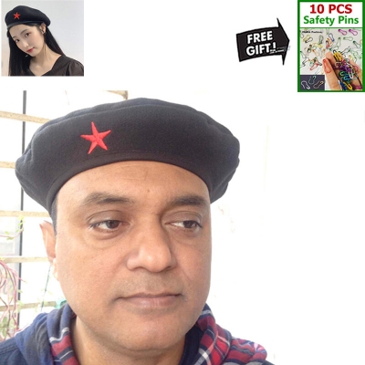 Picture of Direct Factory Supply Premium Che Guevara Inspired Revolutionary Star Badge Military Cap for Men/Women – Autumn and Winter Cotton Fabric Fashion Hat Black Color All-Match Sports Party Costume Fancy Dress Accessory + Free 10 PCS Multi-Color Safety Pins  - One size