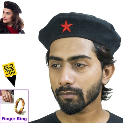 Picture of Direct Factory Supply Premium Che Guevara Inspired Revolutionary Star Badge Military Cap for Men/Women – Autumn and Winter Cotton Fabric Fashion Hat Black Color All-Match Sports Party Costume Fancy Dress Accessory + Free Gift 1 Piece Finger Ring - One size