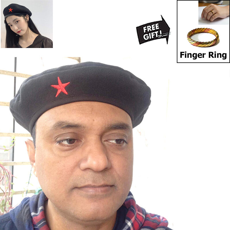 Picture of Direct Factory Supply Premium Che Guevara Inspired Revolutionary Star Badge Military Cap for Men/Women – Autumn and Winter Cotton Fabric Fashion Hat Black Color All-Match Sports Party Costume Fancy Dress Accessory + Free Gift 1 Piece Finger Ring - One size