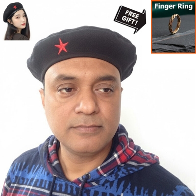 Picture of Direct Factory Supply Premium Che Guevara Inspired Revolutionary Star Badge Military Cap for Men/Women – Autumn and Winter Cotton Fabric Fashion Hat Black Color All-Match Sports Party Costume Fancy Dress Accessory + 1 Piece Finger Ring (Free Gift)  - One size