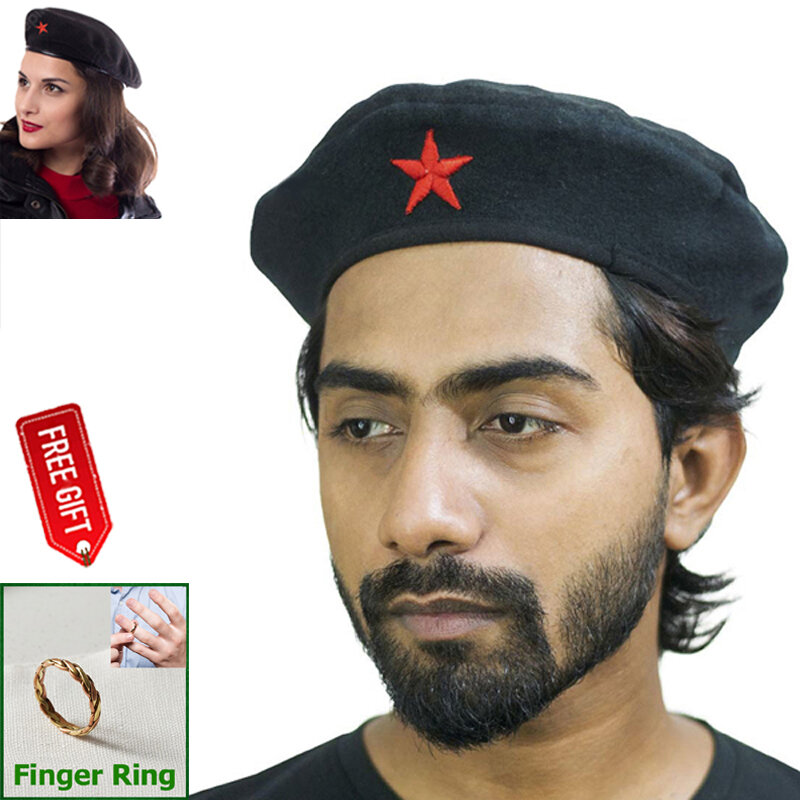 Picture of Direct Factory Supply Premium Che Guevara Inspired Revolutionary Star Badge Military Cap for Men/Women – Autumn and Winter Cotton Fabric Fashion Hat Black Color All-Match Sports Party Costume Fancy Dress Accessory + 1 Piece Finger Ring (Free Gift)  - One size