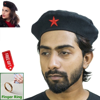 Picture of Direct Factory Supply Premium Che Guevara Inspired Revolutionary Star Badge Military Cap for Men/Women – Autumn and Winter Cotton Fabric Fashion Hat Black Color All-Match Sports Party Costume Fancy Dress Accessory + 1 Piece Finger Ring (Free Gift)  - One size