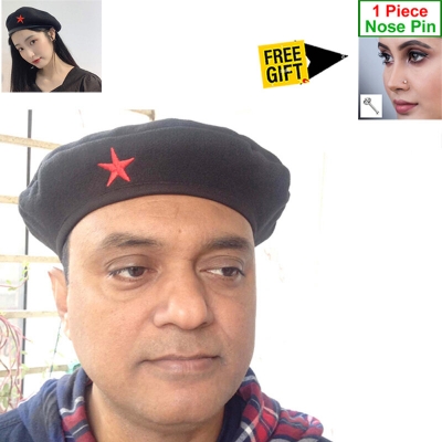 Picture of Direct Factory Supply Premium Che Guevara Inspired Revolutionary Star Badge Military Cap for Men/Women – Autumn and Winter Cotton Fabric Fashion Hat Black Color All-Match Sports Party Costume Fancy Dress Accessory + Free Gift 1 Piece Nose Pin - One size