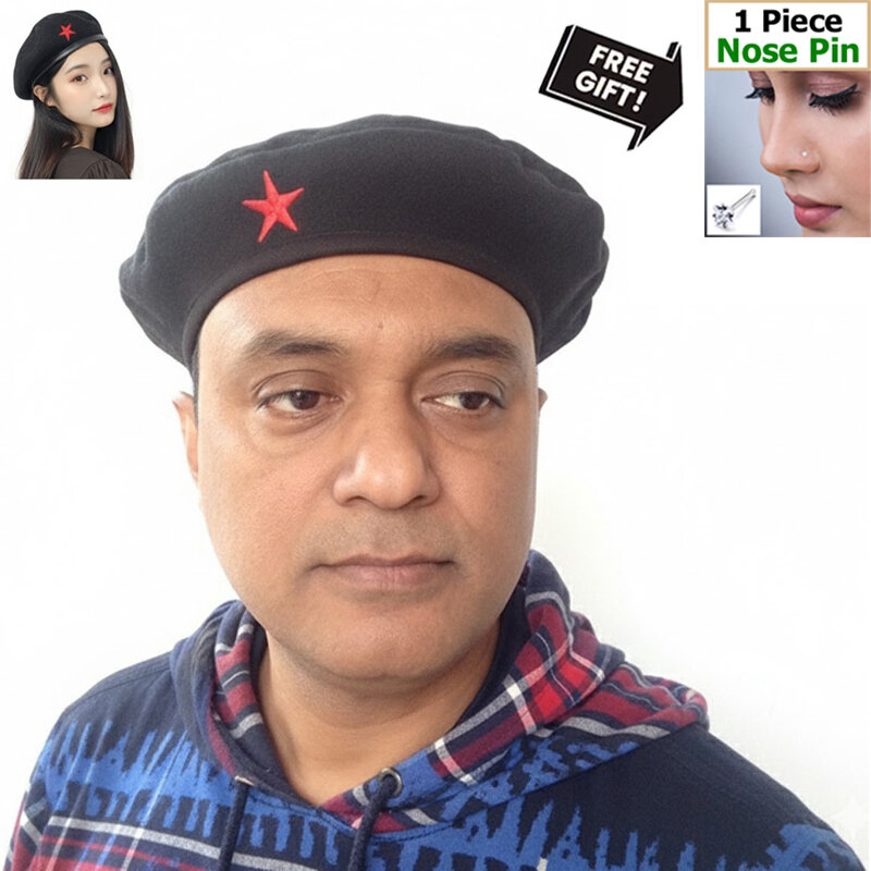 Picture of Direct Factory Supply Premium Che Guevara Inspired Revolutionary Star Badge Military Cap for Men/Women – Autumn and Winter Cotton Fabric Fashion Hat Black Color All-Match Sports Party Costume Fancy Dress Accessory + Free Gift 1 Piece Nose Pin - One size