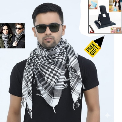 Picture of Premium Soft Cotton Haji Rumal Arab Head Scarf for Men/Women | Classic Black White Check Islamic Prayer Cloth | Comfortable Winter Fabric Hijab Gamcha Pagri Shawl for Hajj & Umrah Use + Free Gift 1 Piece Mobile Stand - One size