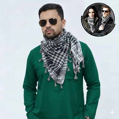 Picture of Premium Soft Cotton Haji Rumal Arab Head Scarf for Men/Women | Classic Black White Check Islamic Prayer Cloth | Comfortable Winter Fabric Hijab Gamcha Pagri Shawl for Hajj & Umrah Use + Free Gift 1 Piece Mobile Stand - One size
