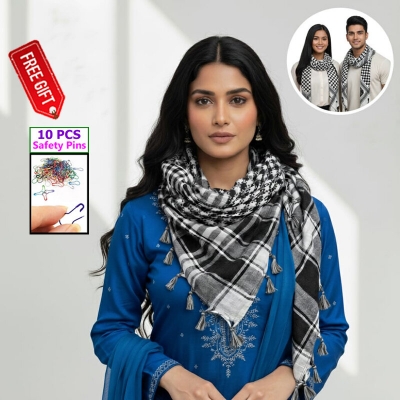 Picture of Premium Soft Cotton Haji Rumal Arab Head Scarf for Men/Women | Classic Black White Check Islamic Prayer Cloth | Comfortable Winter Fabric Hijab Gamcha Pagri Shawl for Hajj & Umrah Use + Free Gift 10 PCS Multi-Color Safety Pins - One size