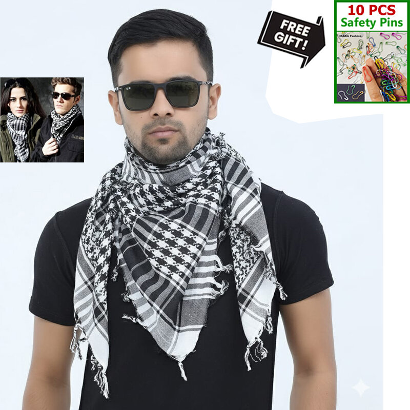 Picture of Premium Soft Cotton Haji Rumal Arab Head Scarf for Men/Women | Classic Black White Check Islamic Prayer Cloth | Comfortable Winter Fabric Hijab Gamcha Pagri Shawl for Hajj & Umrah Use + Free Gift 10 PCS Multi-Color Safety Pins - One size