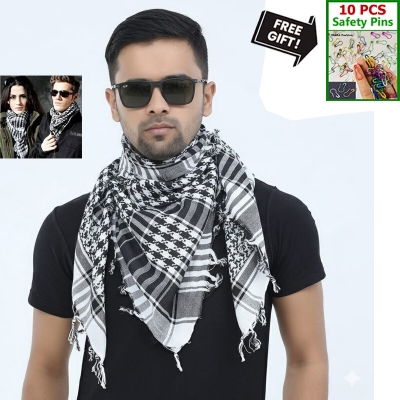 Picture of Premium Soft Cotton Haji Rumal Arab Head Scarf for Men/Women | Classic Black White Check Islamic Prayer Cloth | Comfortable Winter Fabric Hijab Gamcha Pagri Shawl for Hajj & Umrah Use + Free Gift 10 PCS Multi-Color Safety Pins - One size