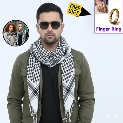 Picture of Premium Soft Cotton Haji Rumal Arab Head Scarf for Men/Women | Classic Black White Check Islamic Prayer Cloth | Comfortable Winter Fabric Hijab Gamcha Pagri Shawl for Hajj & Umrah Use + Free Gift 1 Piece Finger Ring - One size