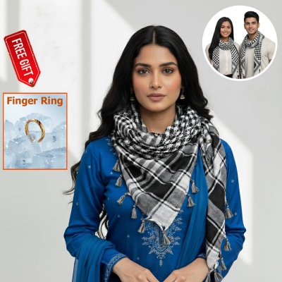 Picture of Premium Soft Cotton Haji Rumal Arab Head Scarf for Men/Women | Classic Black White Check Islamic Prayer Cloth | Comfortable Winter Fabric Hijab Gamcha Pagri Shawl for Hajj & Umrah Use + Free Gift 1 Piece Finger Ring - One size